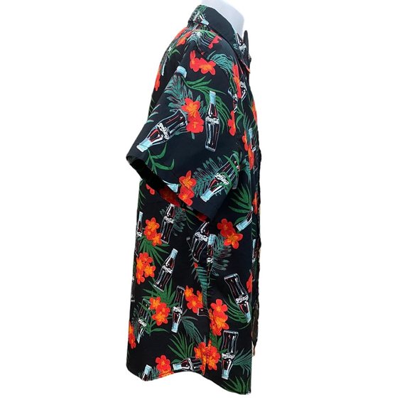 Coca-Cola Black Men XXL Hawaiian Button Up Shirt Floral Tropical Print - Picture 6 of 10